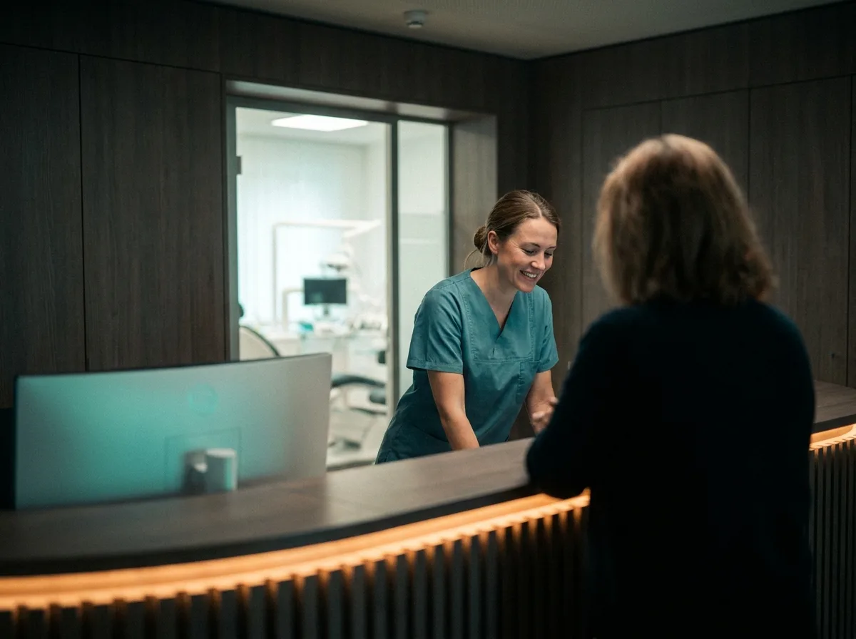 Empfang einer Arztpraxis, eine Mitarbeiterin berät eine Patientin